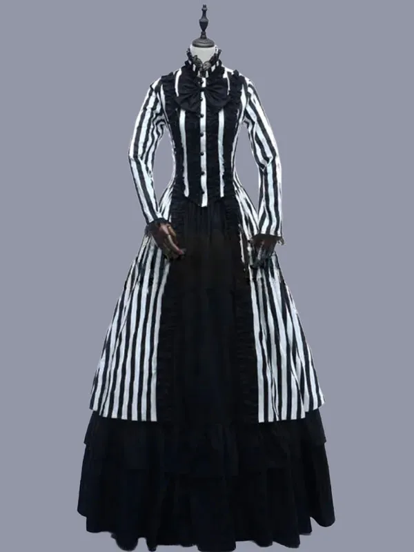 Black  Retro Tudor Dress Costumes  Women's Stripes Lace Ruffles Polyester Marie Antoinette Costume Tunic Dress Retro Vintage Clo